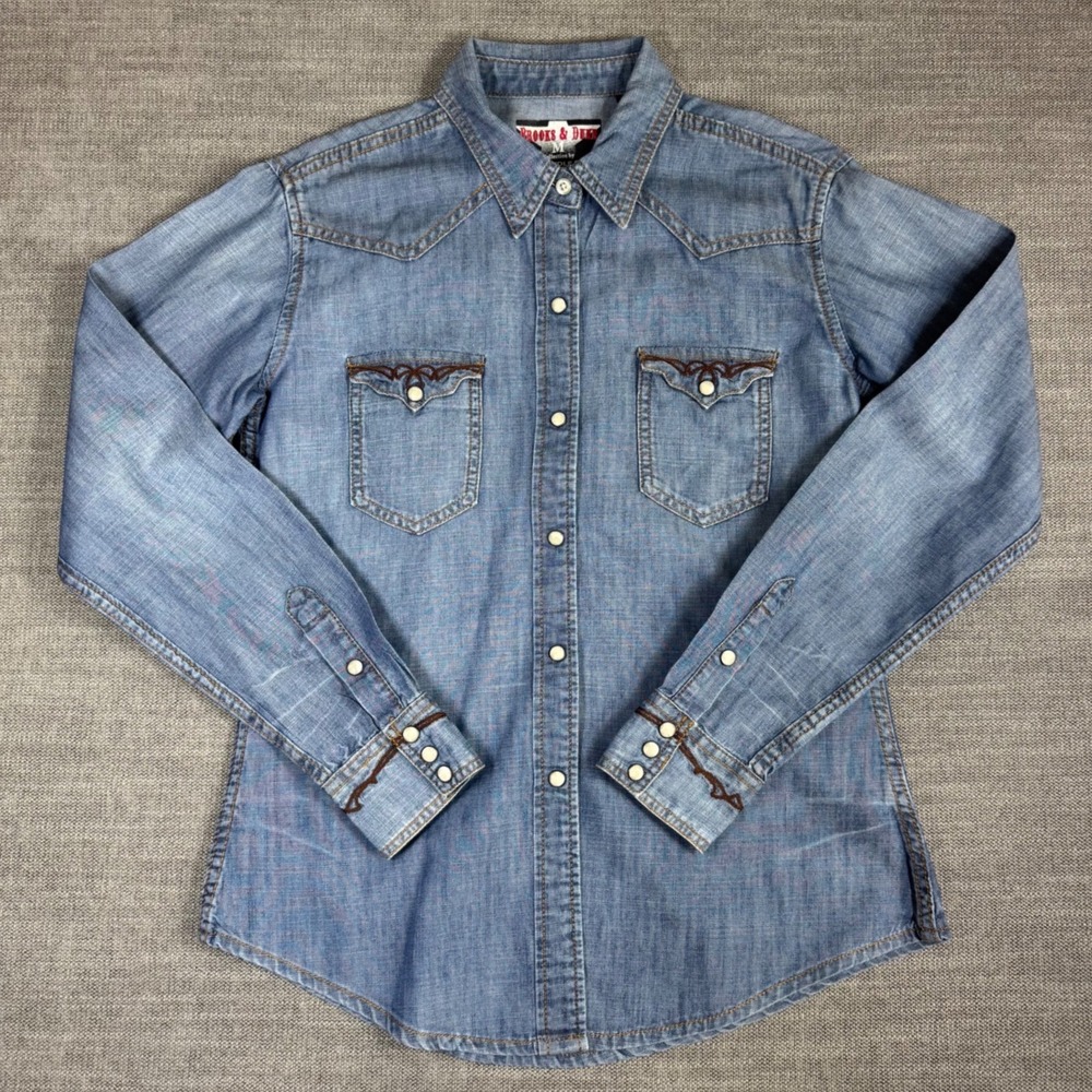 Brooks & Dunn Panhandle Slim Vintage Western Pearl Snap Denim Shirt Longhorn M